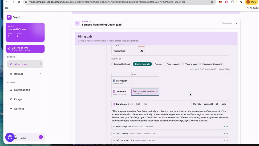 Per-turn transcript with reading likelihood alert