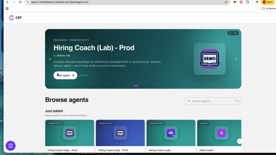 CEF marketplace showing Hiring Coach and Dale Coach agents